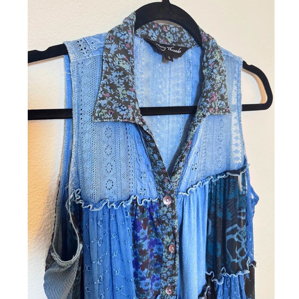 Boho Western Festival Floral Patchwork Tank Top NEW Sleeveless Indigo Blue Large - Picture 3 of 8